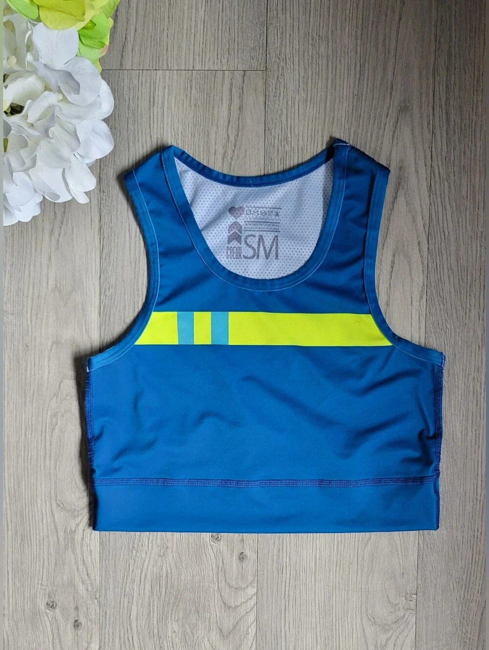 Coeur Sports Run Tech Crop in Flagship Blue & Yellow Racerback Sports Bra, Small